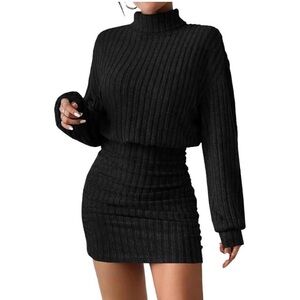 Black Ribbed Turtleneck Mini Sweater Dress Ruched Bodycon Fit